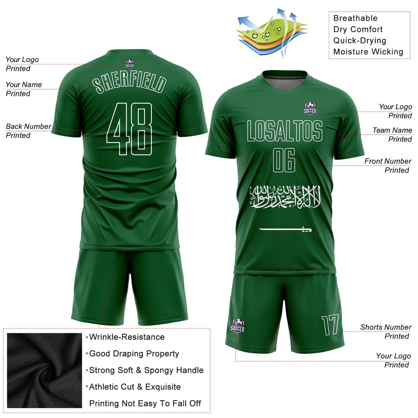 Custom Green Green-White Sublimation Saudi Arabian Flag Soccer Uniform Jersey view 3