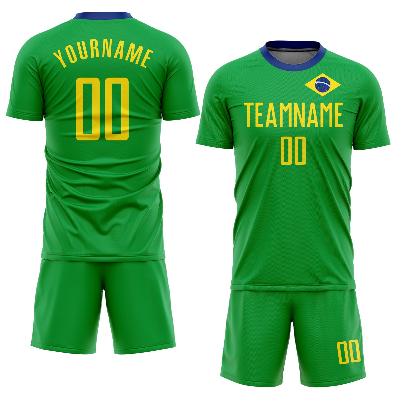 Custom Neon Green Gold-Royal Sublimation Brazilian Flag Soccer Uniform Jersey view 2