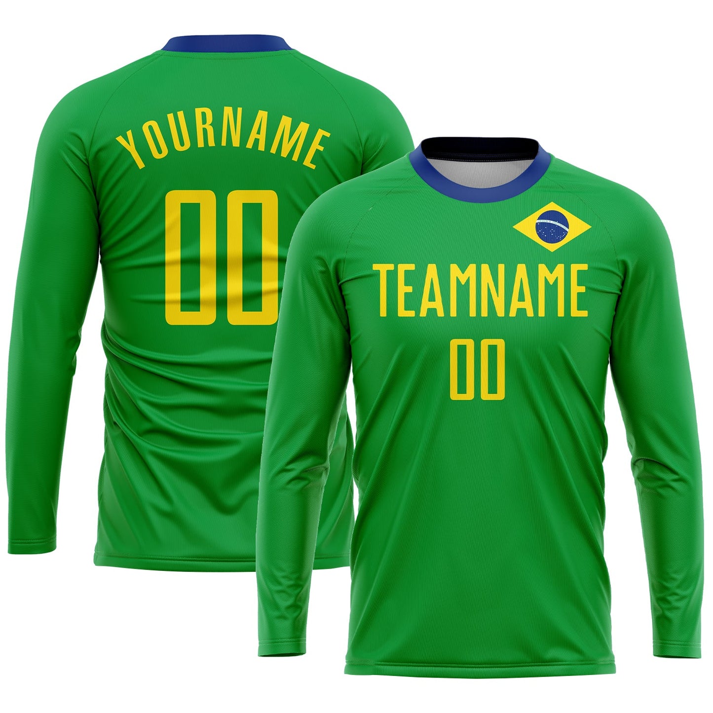 Custom Neon Green Gold-Royal Sublimation Brazilian Flag Soccer Uniform Jersey view 3