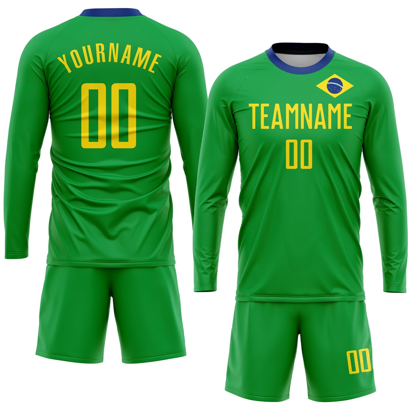 Custom Neon Green Gold-Royal Sublimation Brazilian Flag Soccer Uniform Jersey view 4