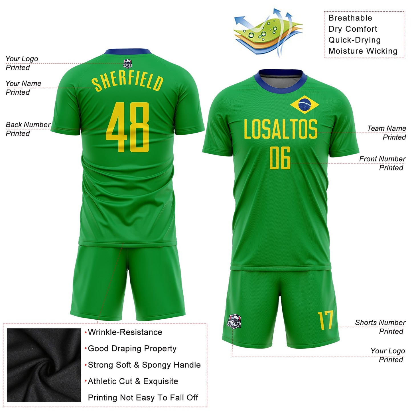 Custom Neon Green Gold-Royal Sublimation Brazilian Flag Soccer Uniform Jersey view 6