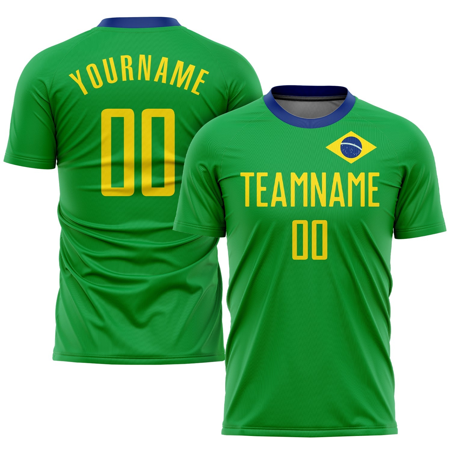 Custom Neon Green Gold-Royal Sublimation Brazilian Flag Soccer Uniform Jersey - Main View