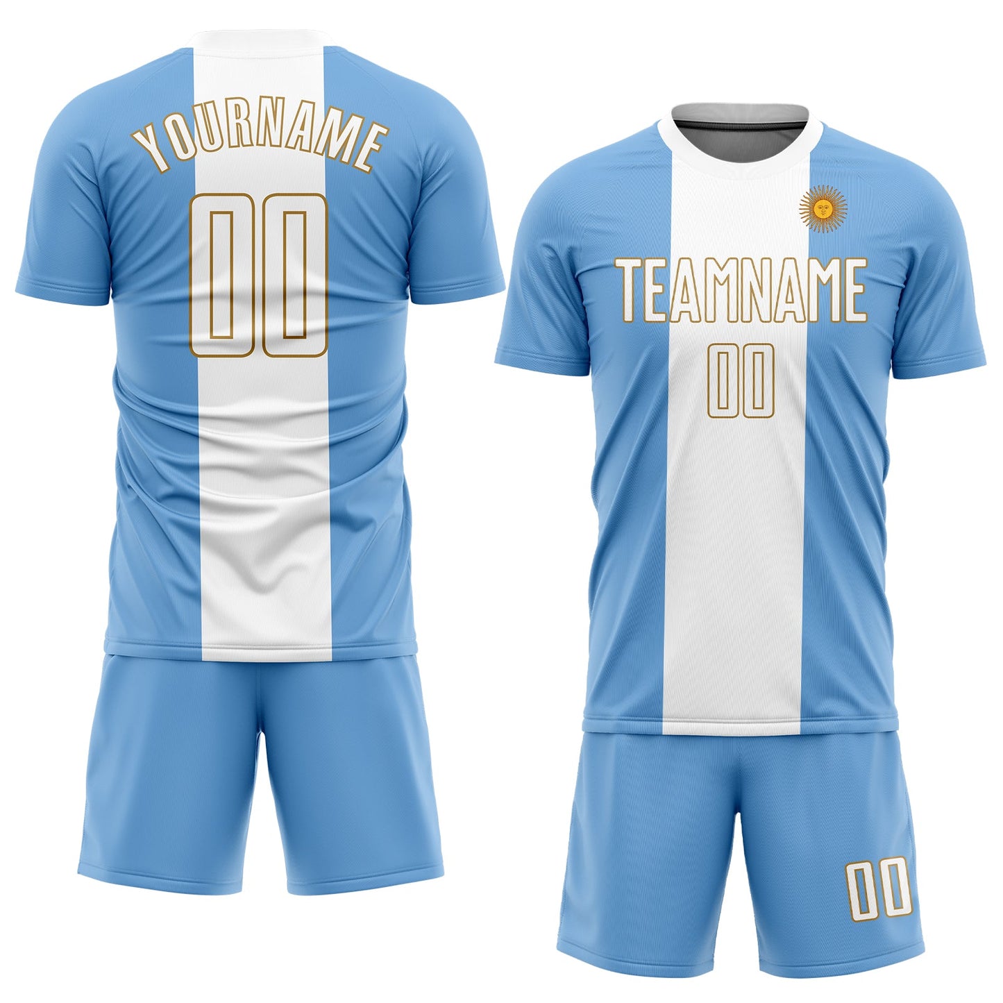 Custom Light Blue White-Old Gold Sublimation Argentinian Flag Soccer Uniform Jersey view 2
