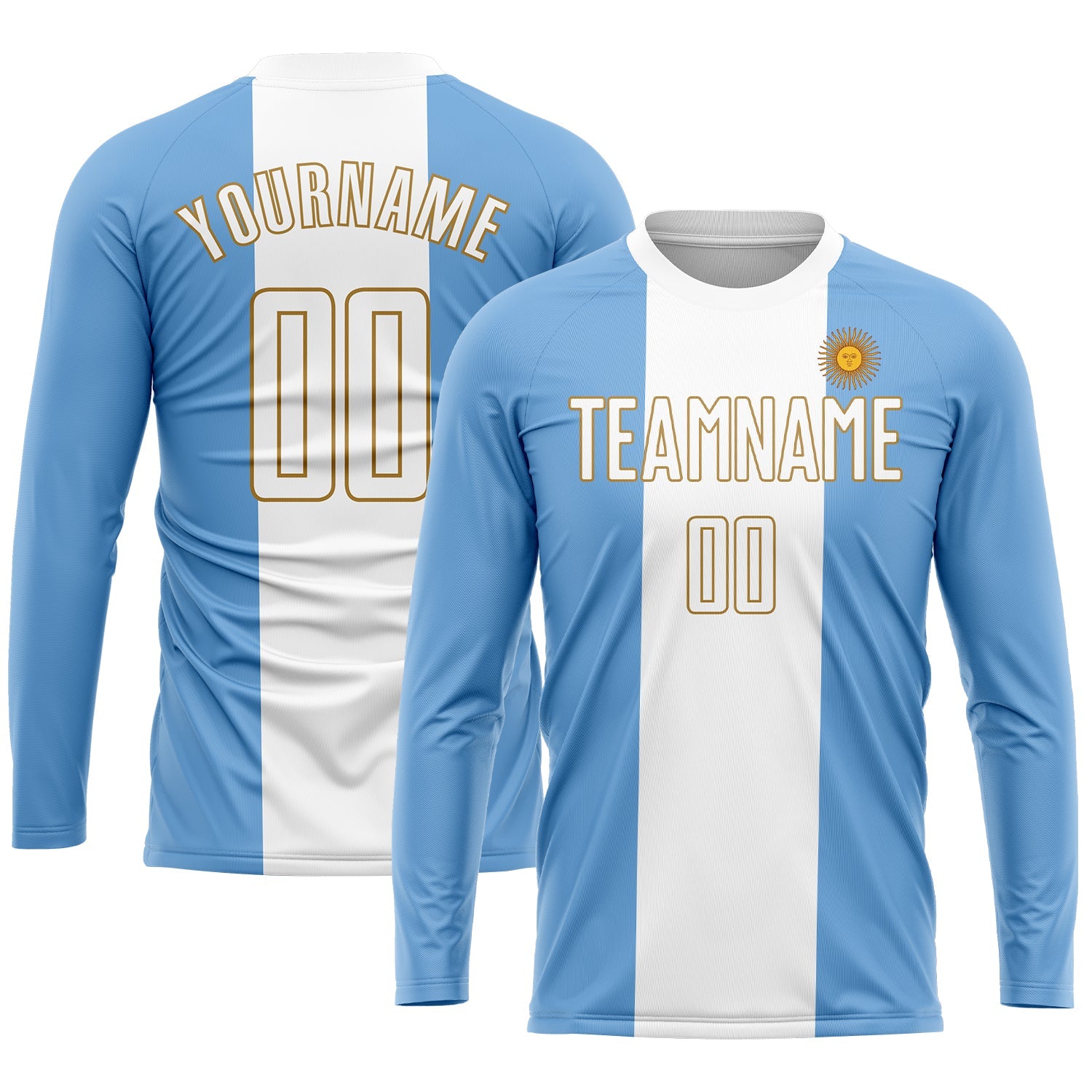 Custom Light Blue White-Old Gold Sublimation Argentinian Flag Soccer Uniform Jersey view 3