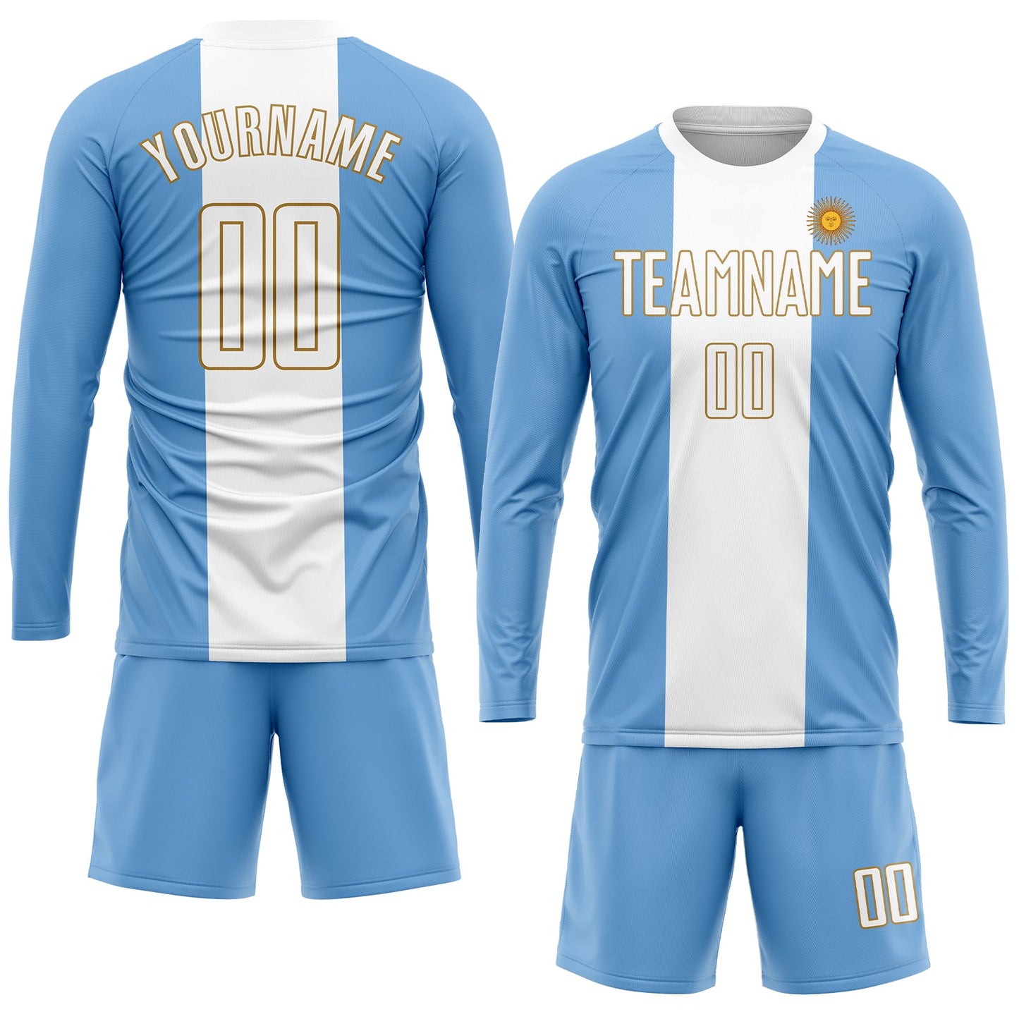 Custom Light Blue White-Old Gold Sublimation Argentinian Flag Soccer Uniform Jersey view 4