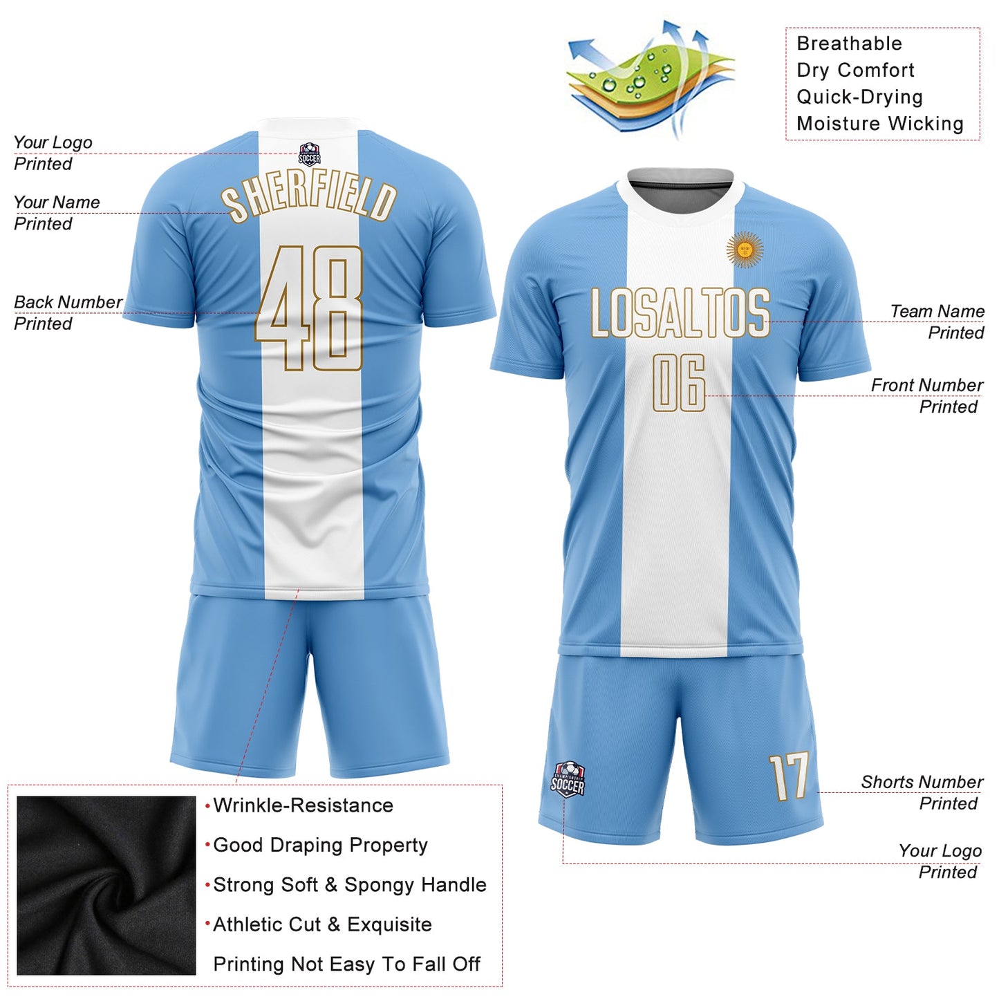 Custom Light Blue White-Old Gold Sublimation Argentinian Flag Soccer Uniform Jersey view 5