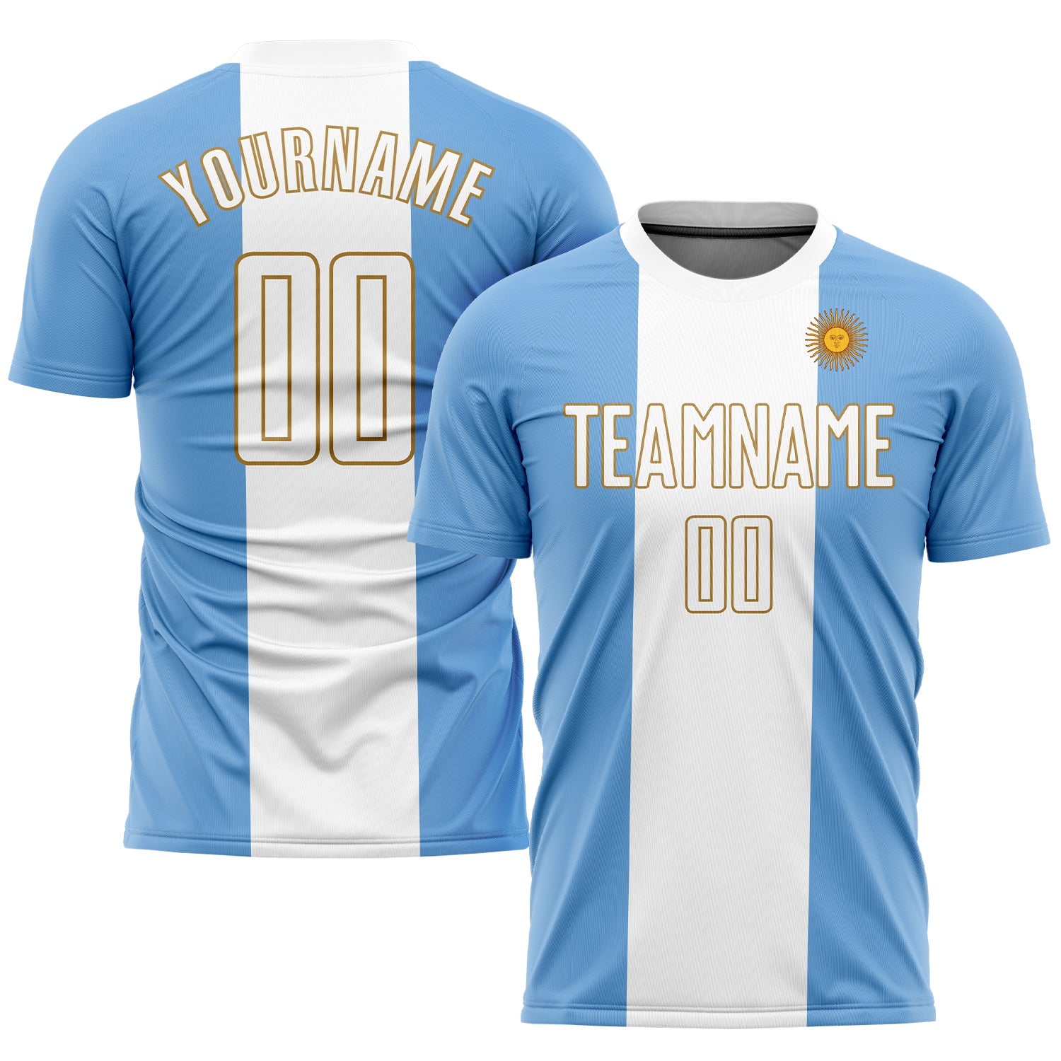 Custom Light Blue White-Old Gold Sublimation Argentinian Flag Soccer Uniform Jersey - Main View