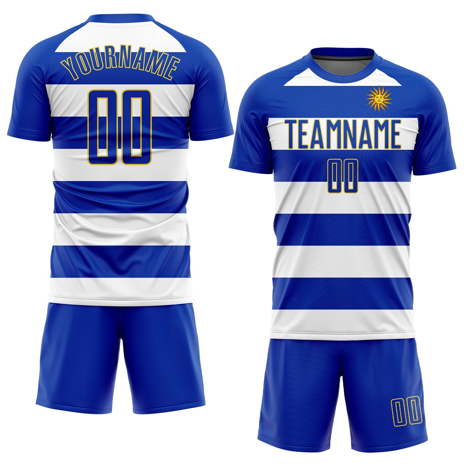 Custom White Royal-Gold Sublimation Uruguayan Flag Soccer Uniform Jersey view 2