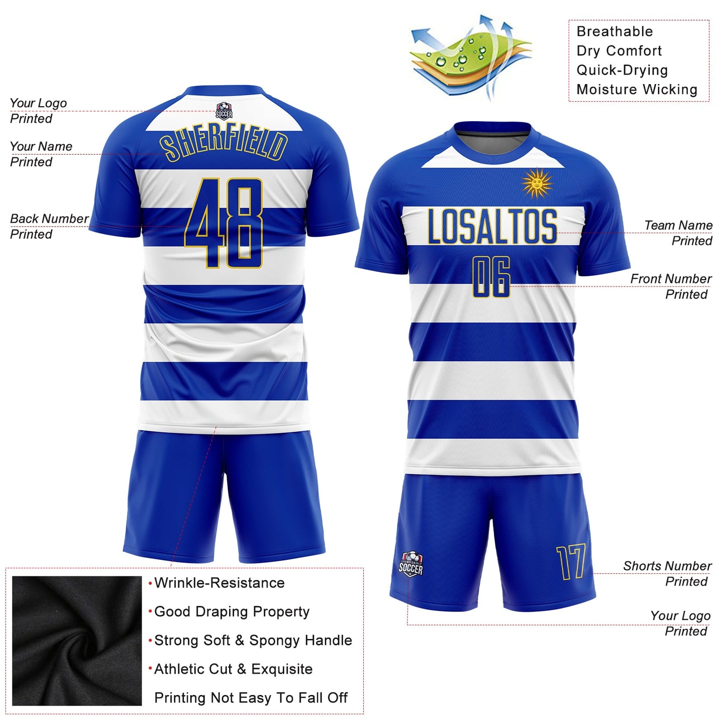 Custom White Royal-Gold Sublimation Uruguayan Flag Soccer Uniform Jersey view 3