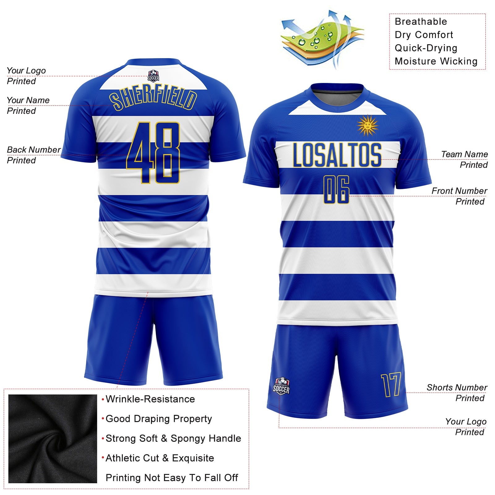 Custom White Royal-Gold Sublimation Uruguayan Flag Soccer Uniform Jersey view 3