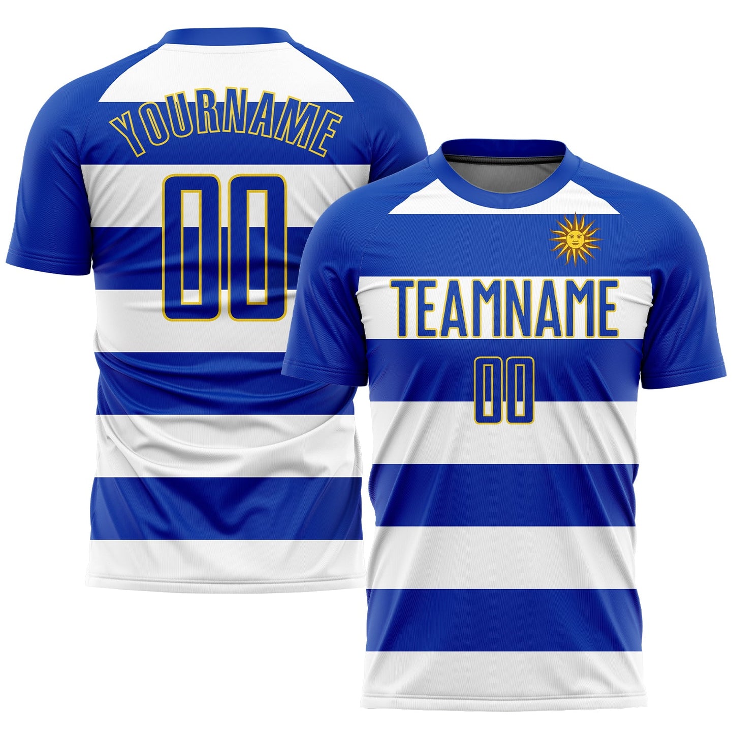 Custom White Royal-Gold Sublimation Uruguayan Flag Soccer Uniform Jersey - Main View