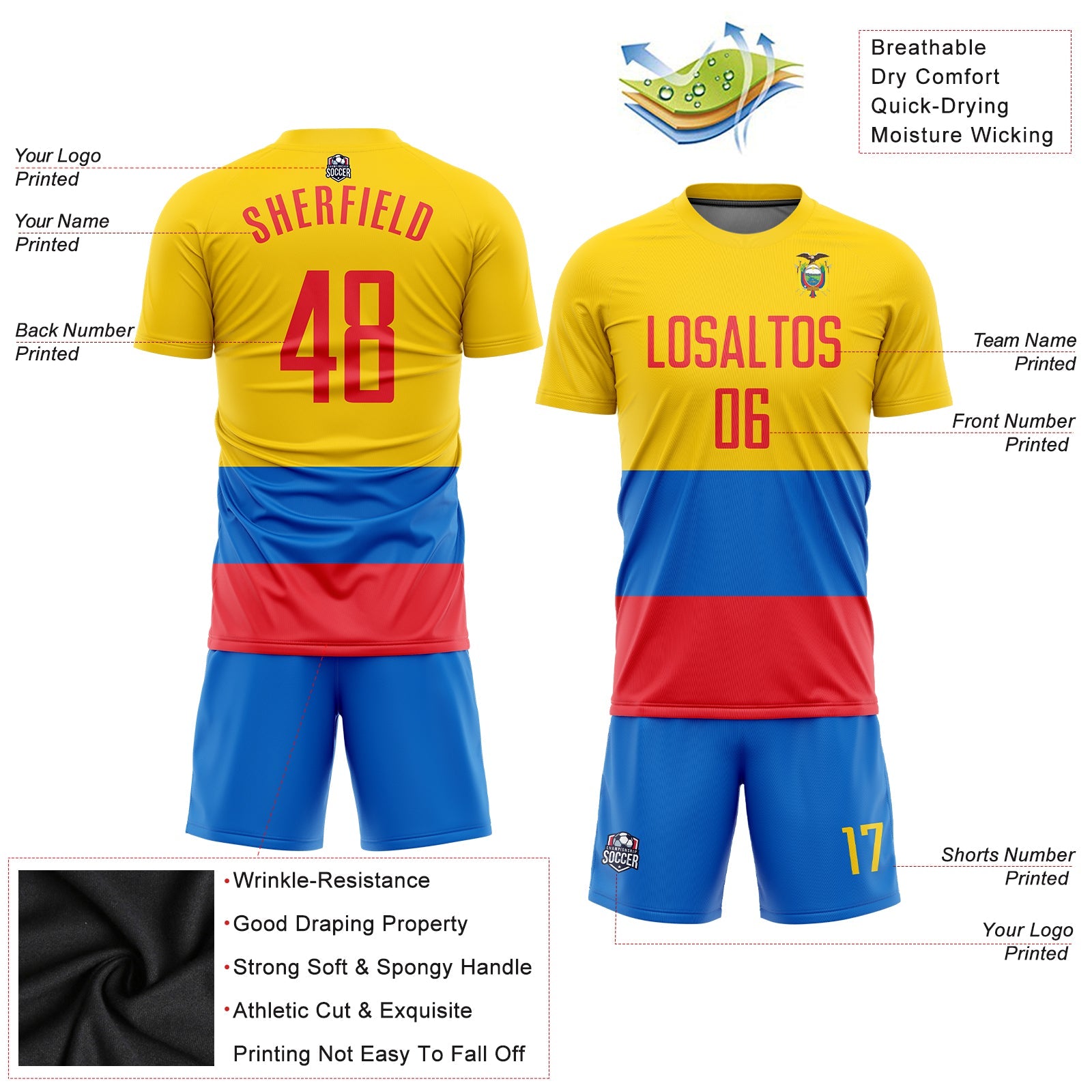 Custom Gold Red-Royal Sublimation Ecuador Flag Soccer Uniform Jersey view 3