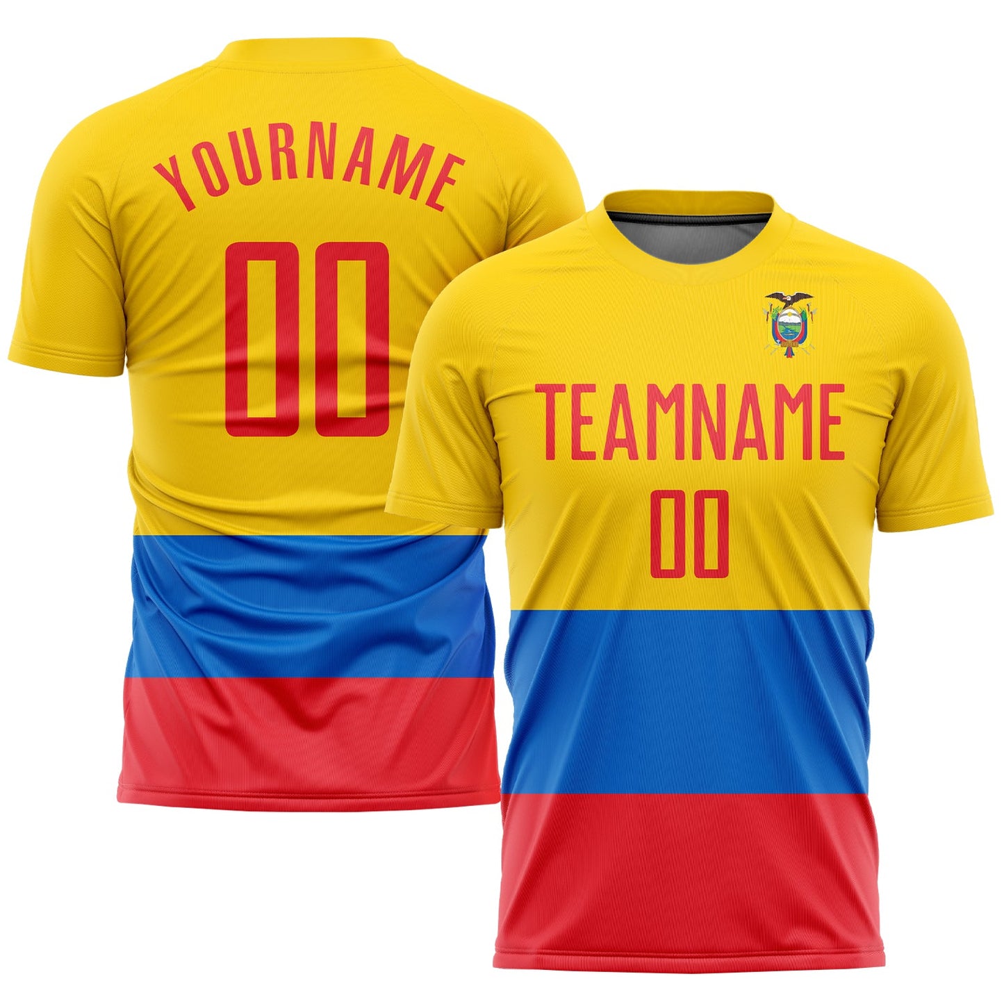 Custom Gold Red-Royal Sublimation Ecuador Flag Soccer Uniform Jersey - Main View