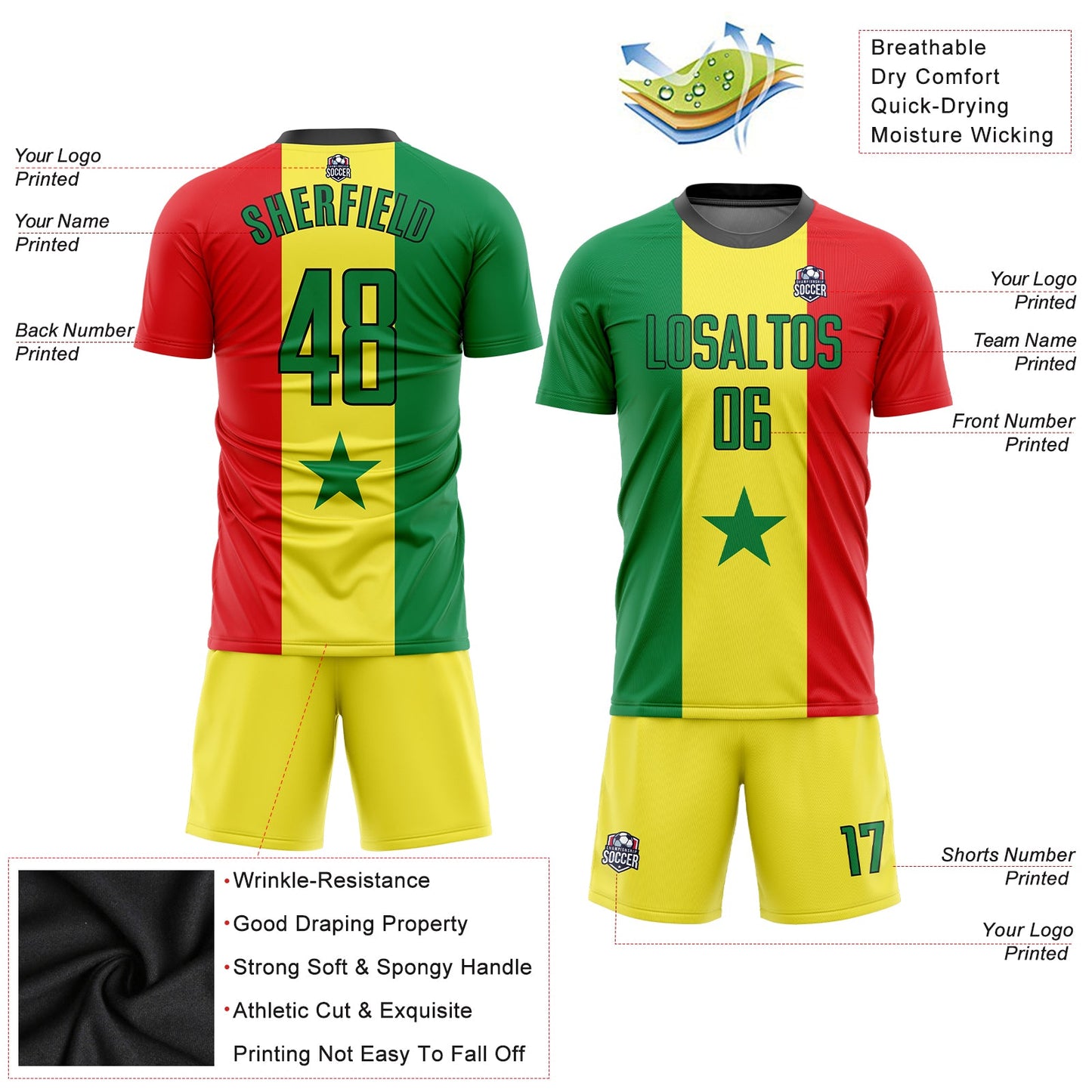 Custom Gold Kelly Green Red-Black Sublimation Senegalese Flag Soccer Uniform Jersey view 3