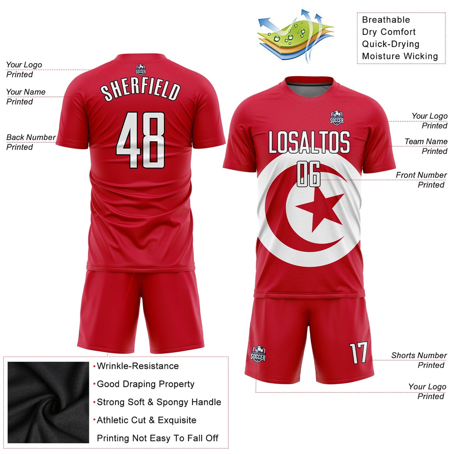 Custom Red White-Black Sublimation Tunisian Flag Soccer Uniform Jersey view 3