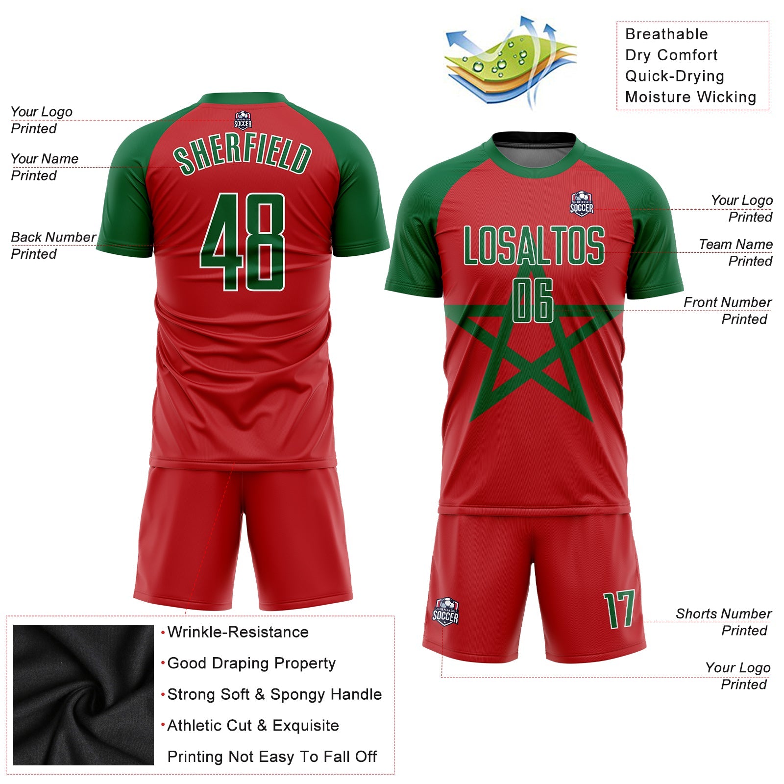 Custom Red Kelly Green-White Sublimation Moroccan Flag Soccer Uniform Jersey view 3