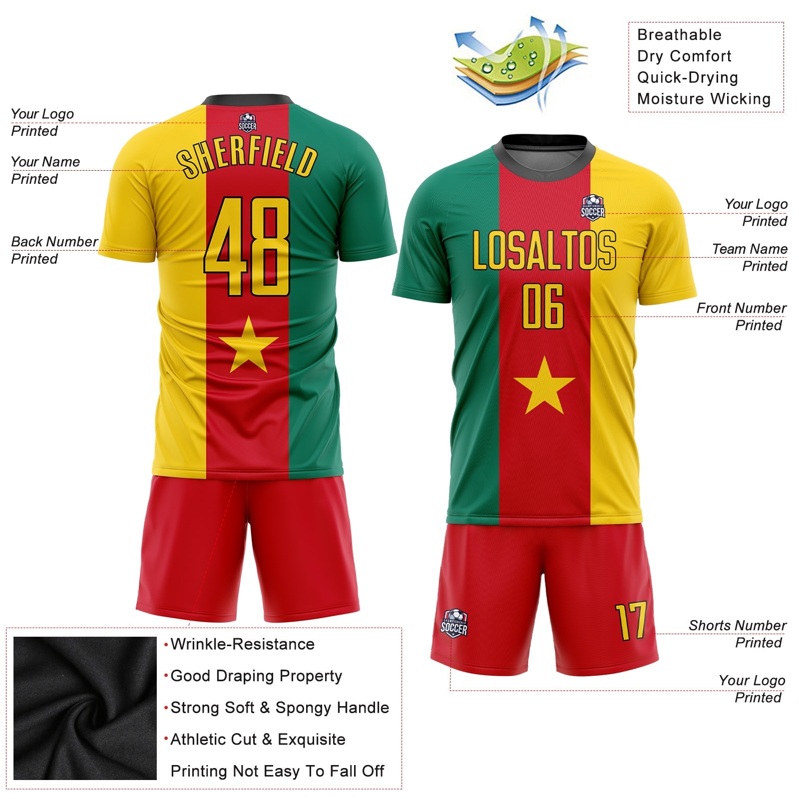 Custom Kelly Green Gold Red-Black Sublimation Cameroonian Flag Soccer Uniform Jersey view 3