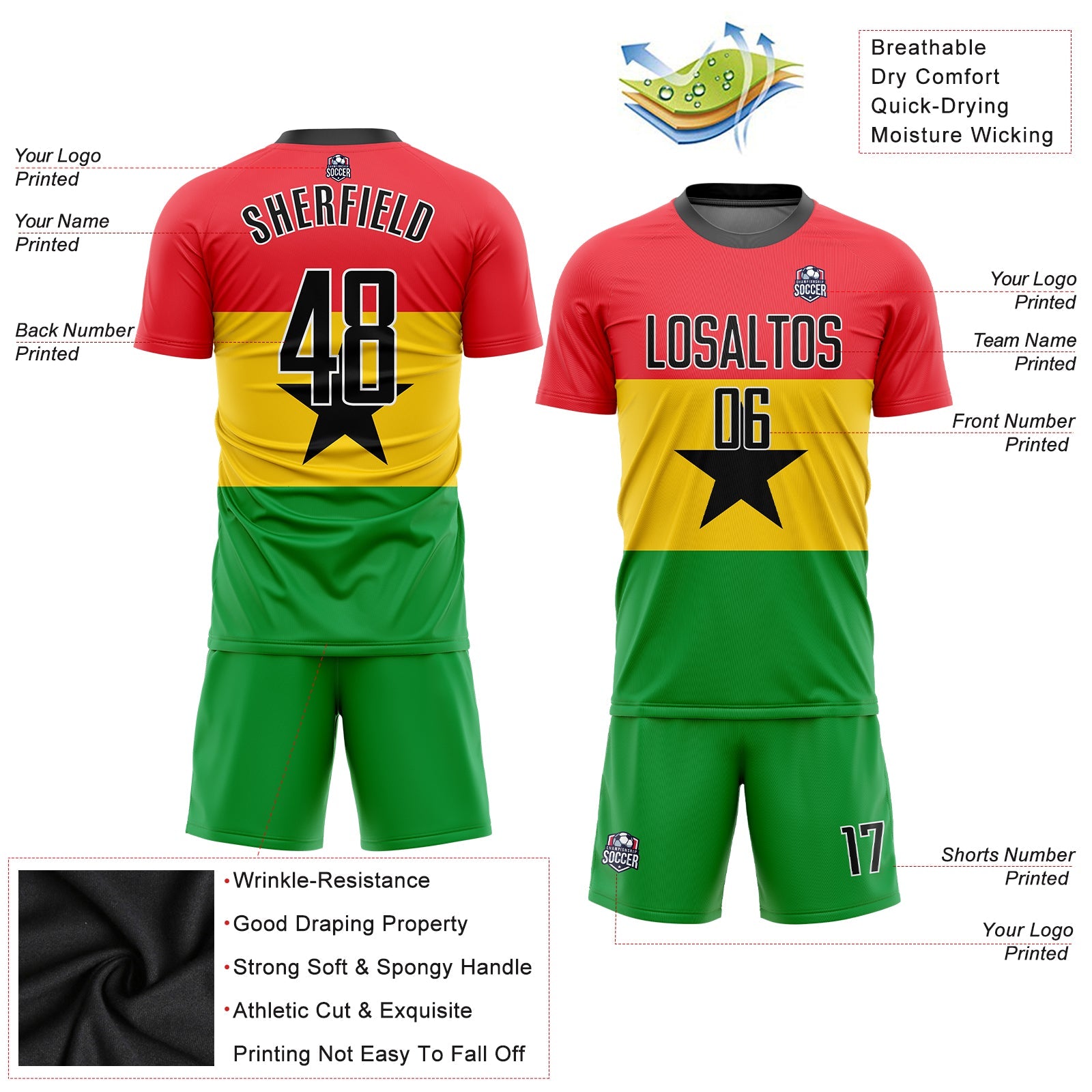 Custom Red Black Gold-Kelly Green Sublimation Ghanaian Flag Soccer Uniform Jersey view 3