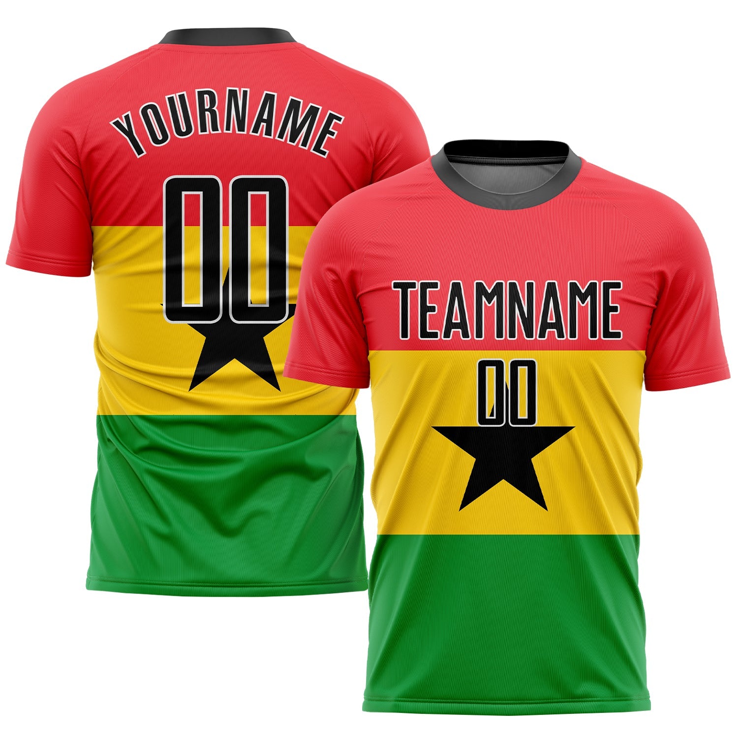 Custom Red Black Gold-Kelly Green Sublimation Ghanaian Flag Soccer Uniform Jersey - Main View