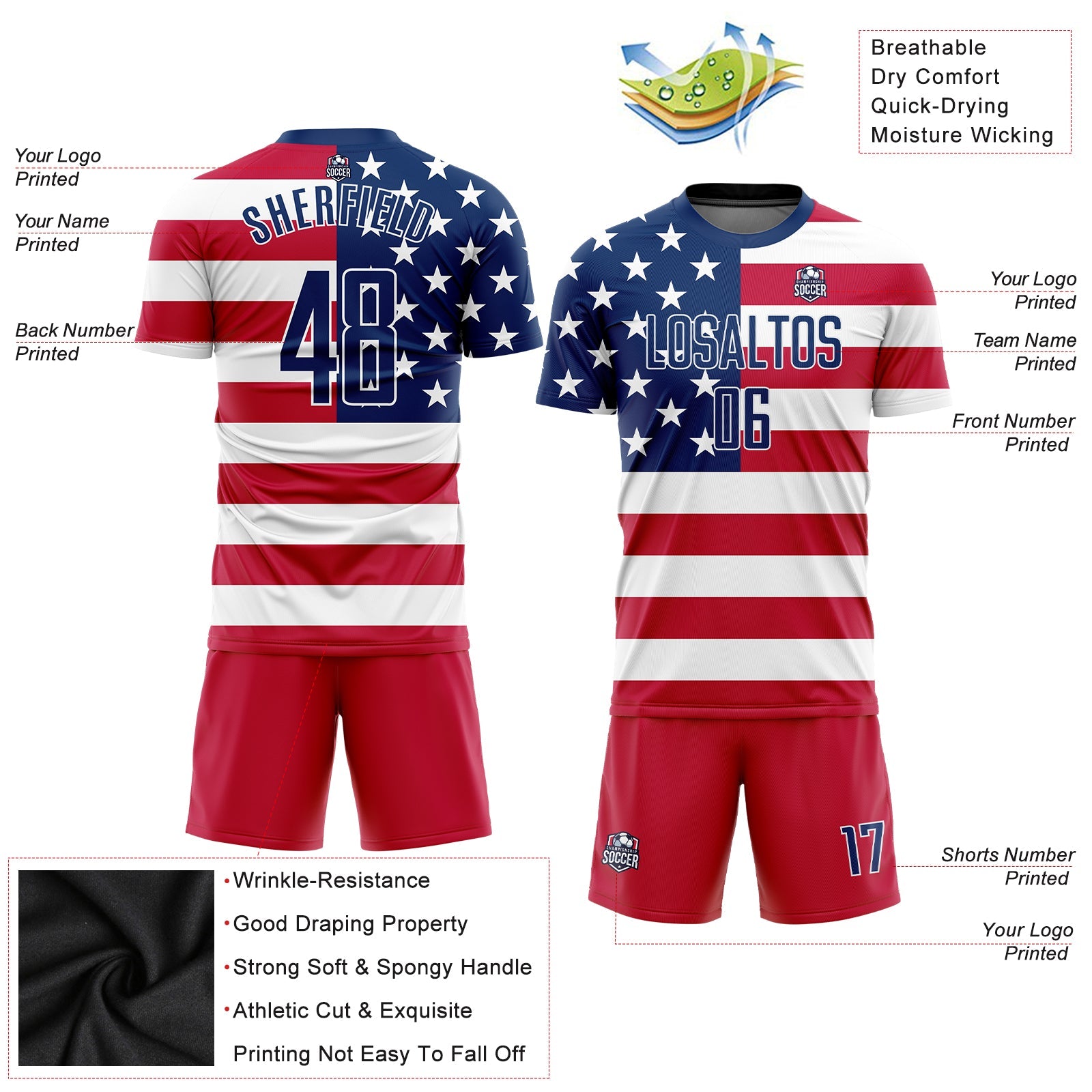 Custom Red Royal-White Sublimation American Flag Soccer Uniform Jersey view 3