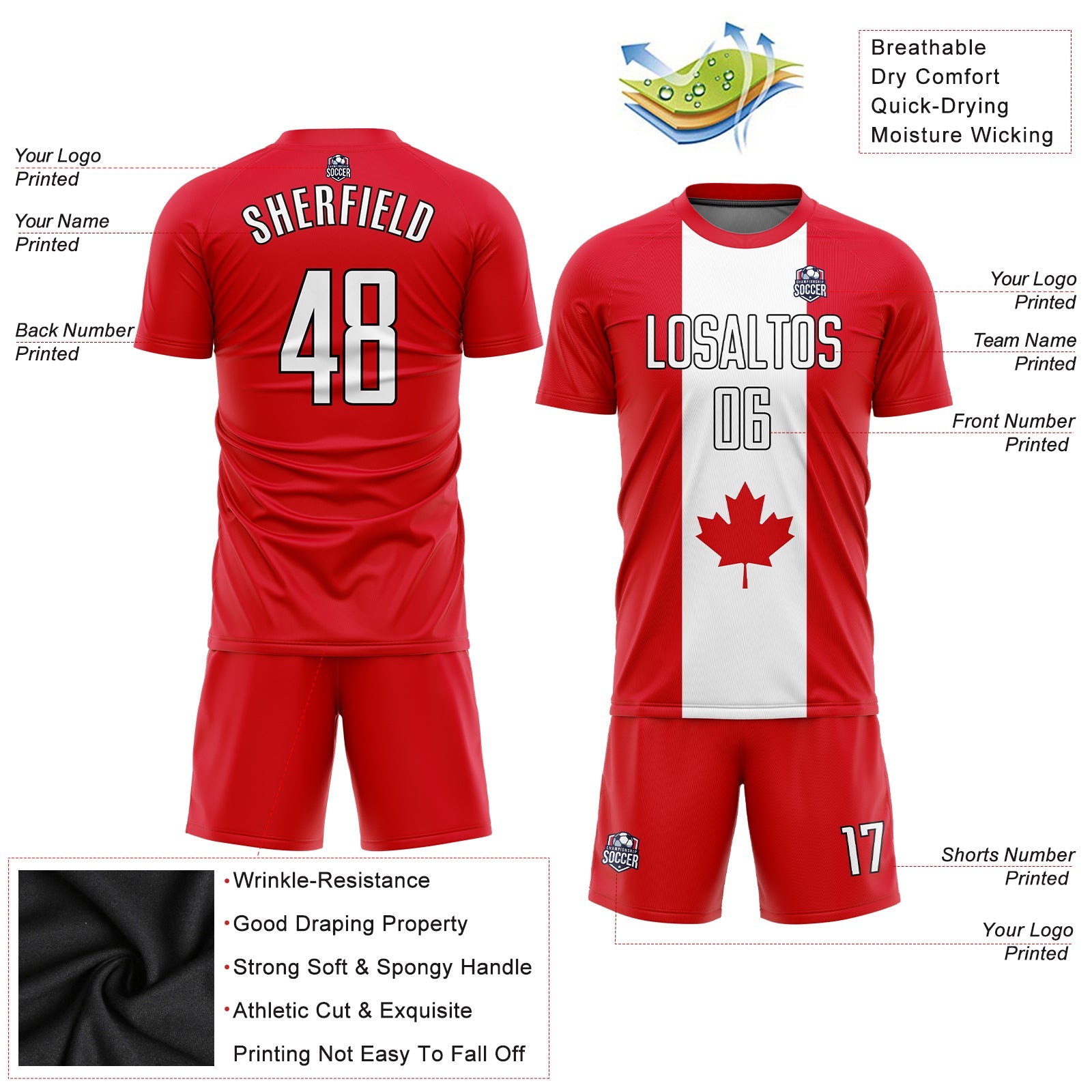 Custom Red White-Black Sublimation Canadian Flag Soccer Uniform Jersey view 3