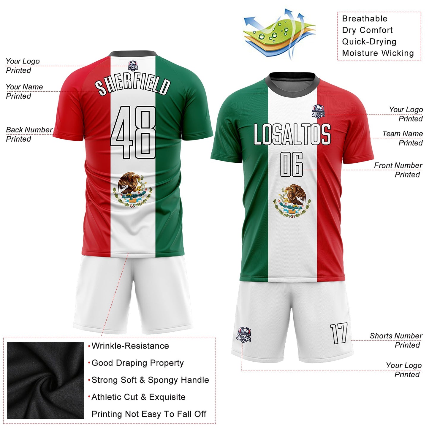 Custom Kelly Green White Red-Black Sublimation Mexican Flag Soccer Uniform Jersey view 6