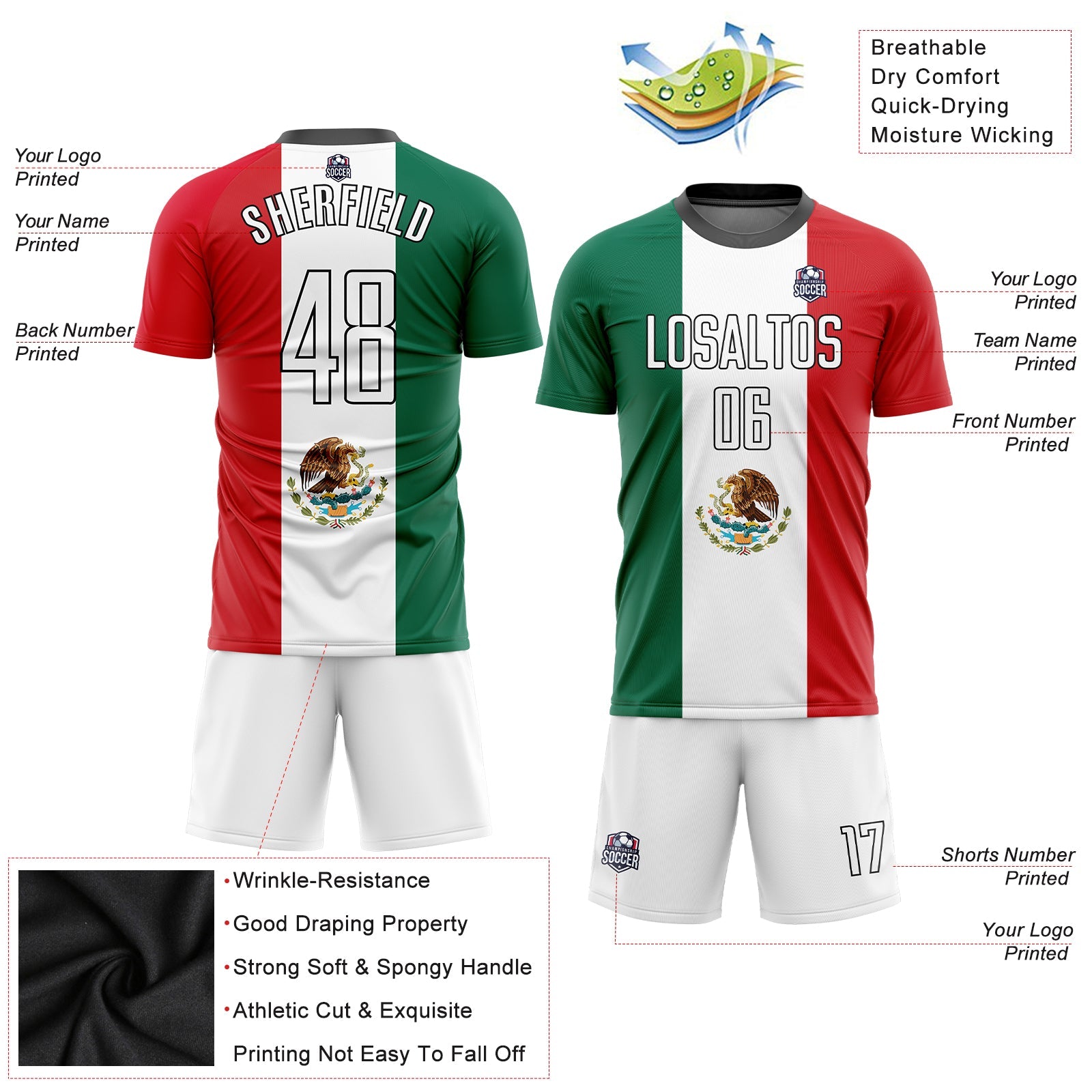 Custom Kelly Green White Red-Black Sublimation Mexican Flag Soccer Uniform Jersey view 6