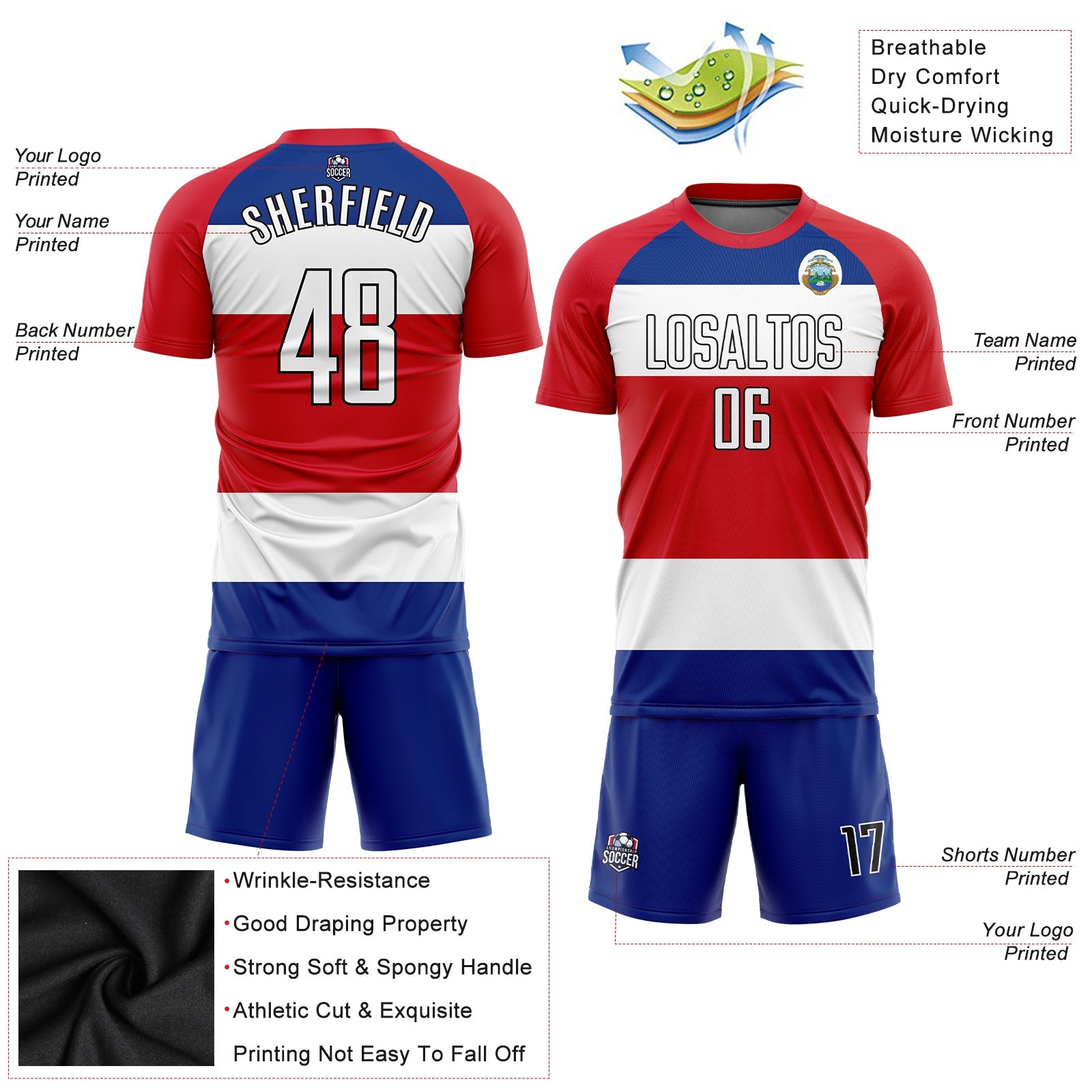Custom Red White Royal-Black Sublimation Costa Rican Flag Soccer Uniform Jersey view 3