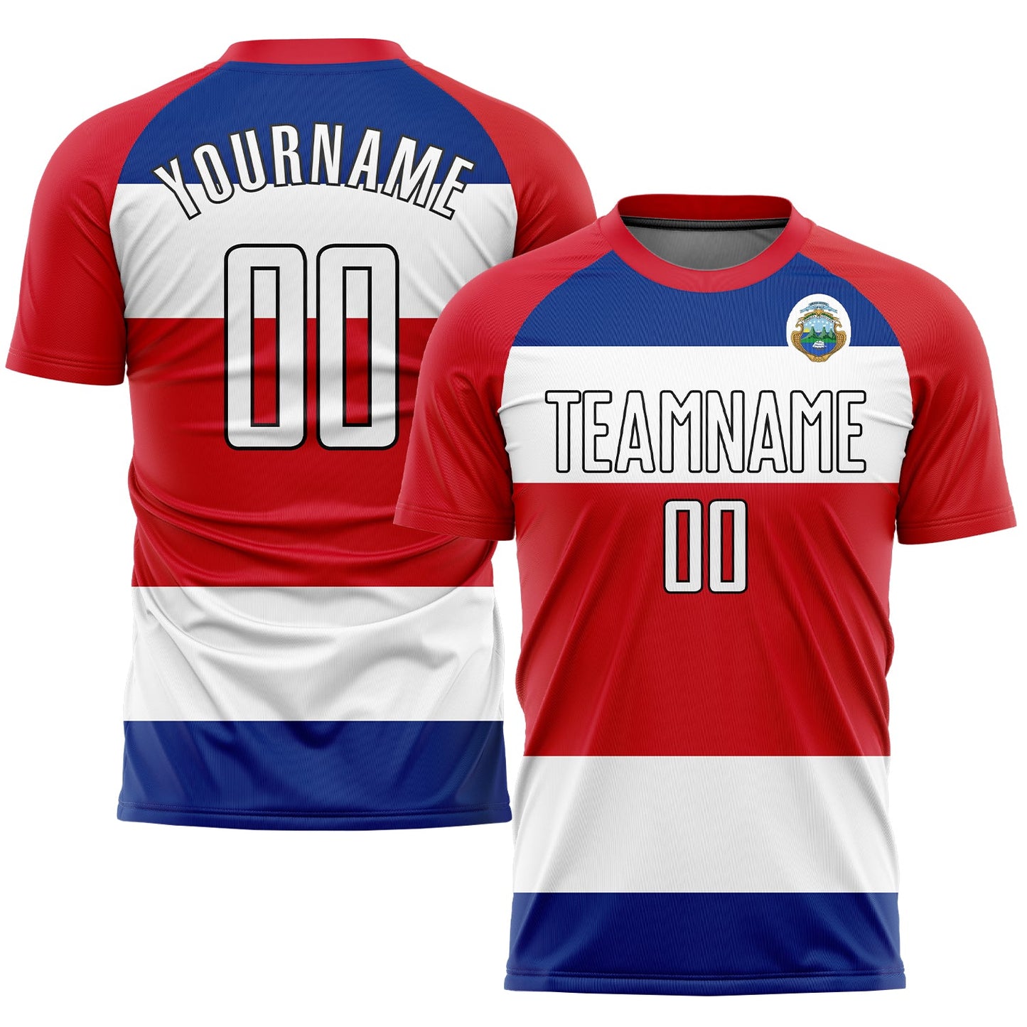 Custom Red White Royal-Black Sublimation Costa Rican Flag Soccer Uniform Jersey - Main View