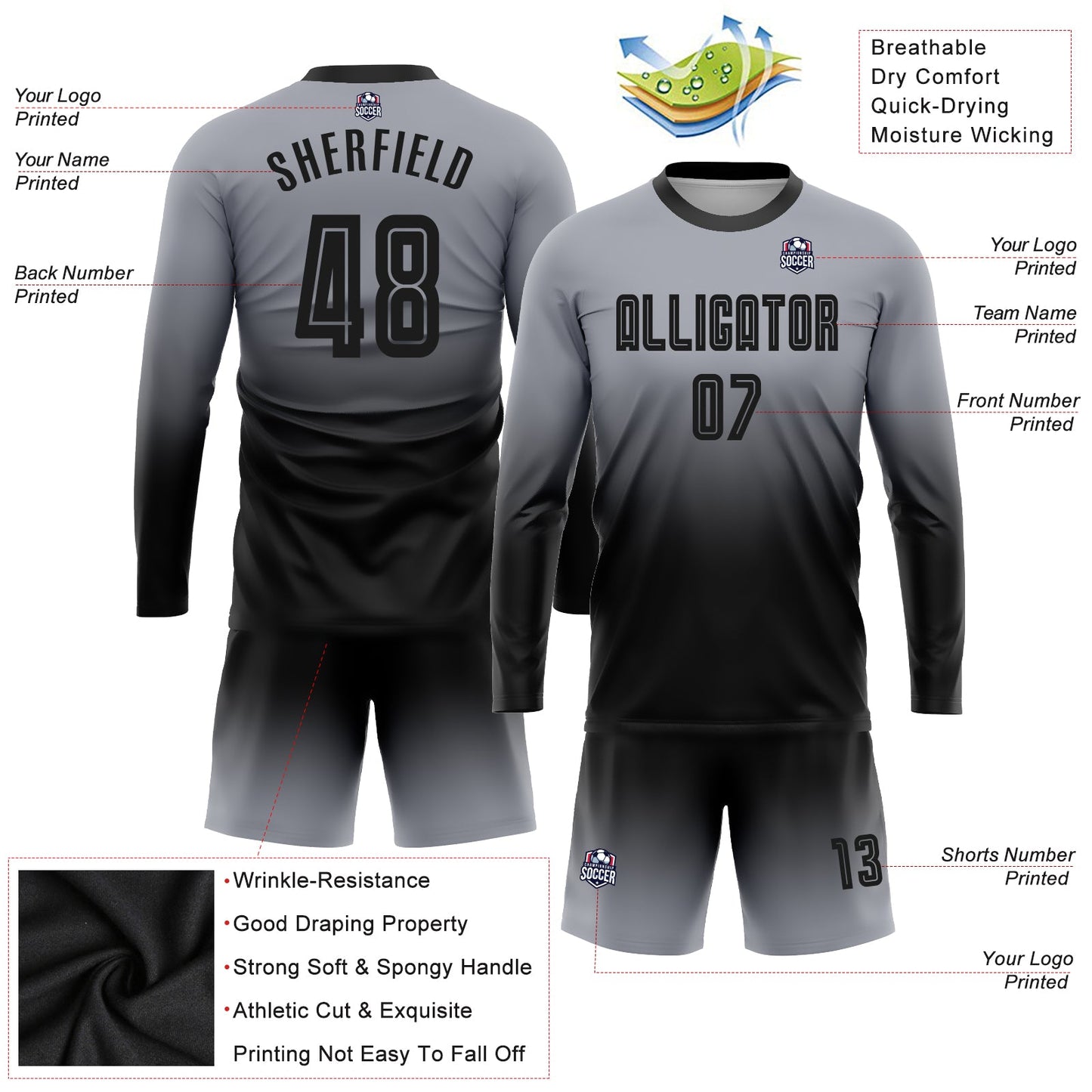 Custom Gray Black Sublimation Long Sleeve Fade Fashion Soccer Uniform Jersey view 3