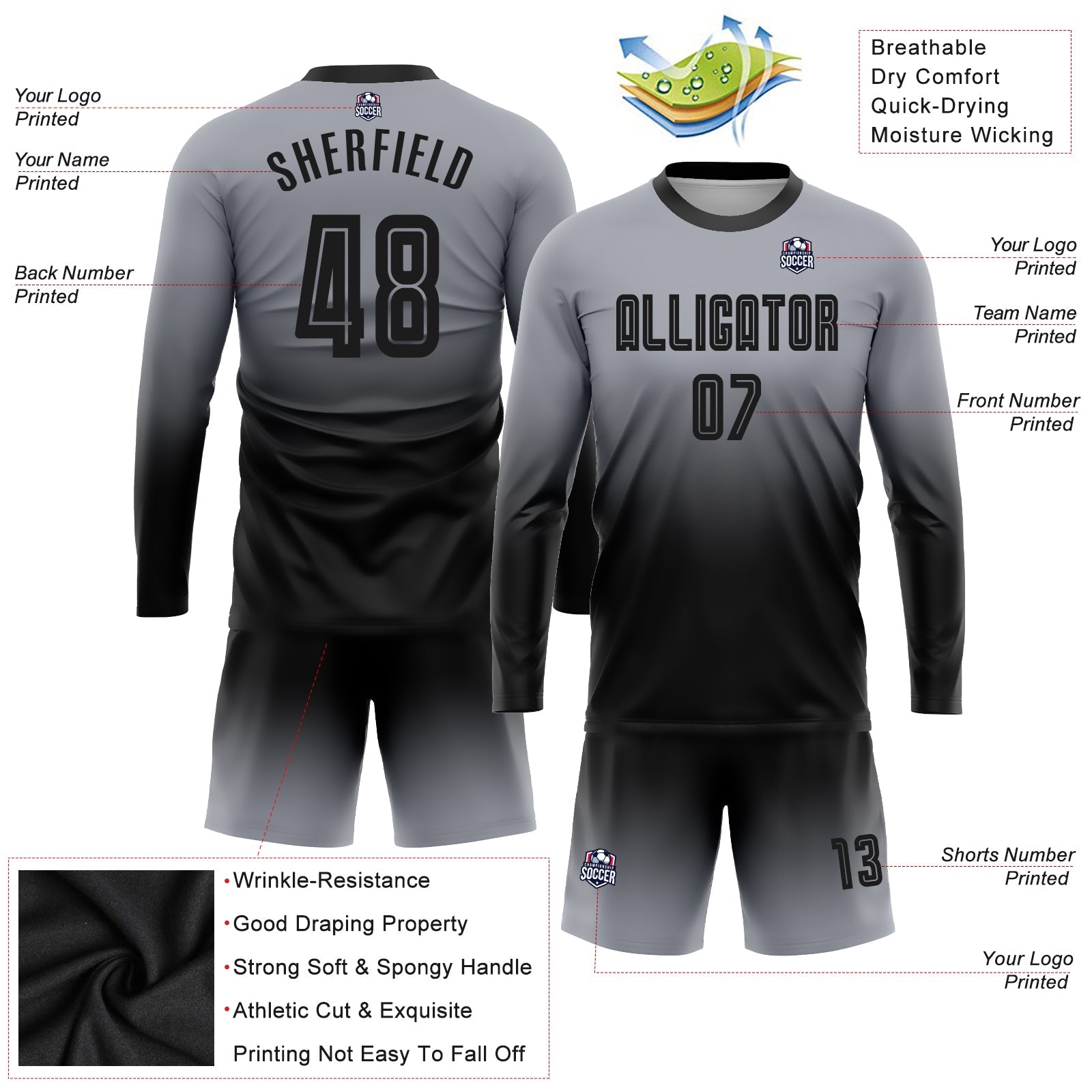 Custom Gray Black Sublimation Long Sleeve Fade Fashion Soccer Uniform Jersey view 3