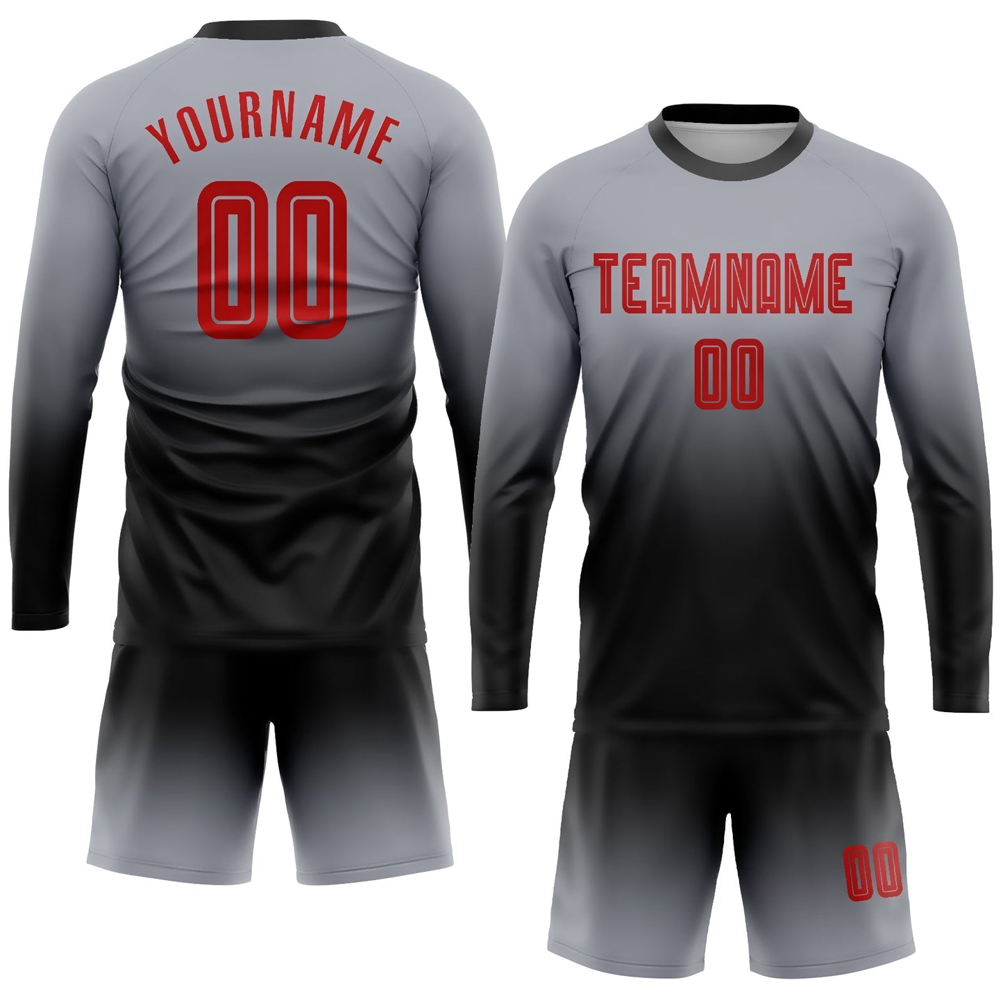 Custom Gray Red-Black Sublimation Long Sleeve Fade Fashion Soccer Uniform Jersey view 2