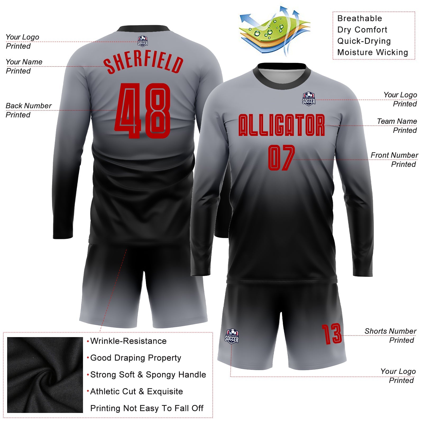 Custom Gray Red-Black Sublimation Long Sleeve Fade Fashion Soccer Uniform Jersey view 3