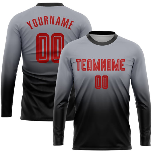 Custom Gray Red-Black Sublimation Long Sleeve Fade Fashion Soccer Uniform Jersey - Main View
