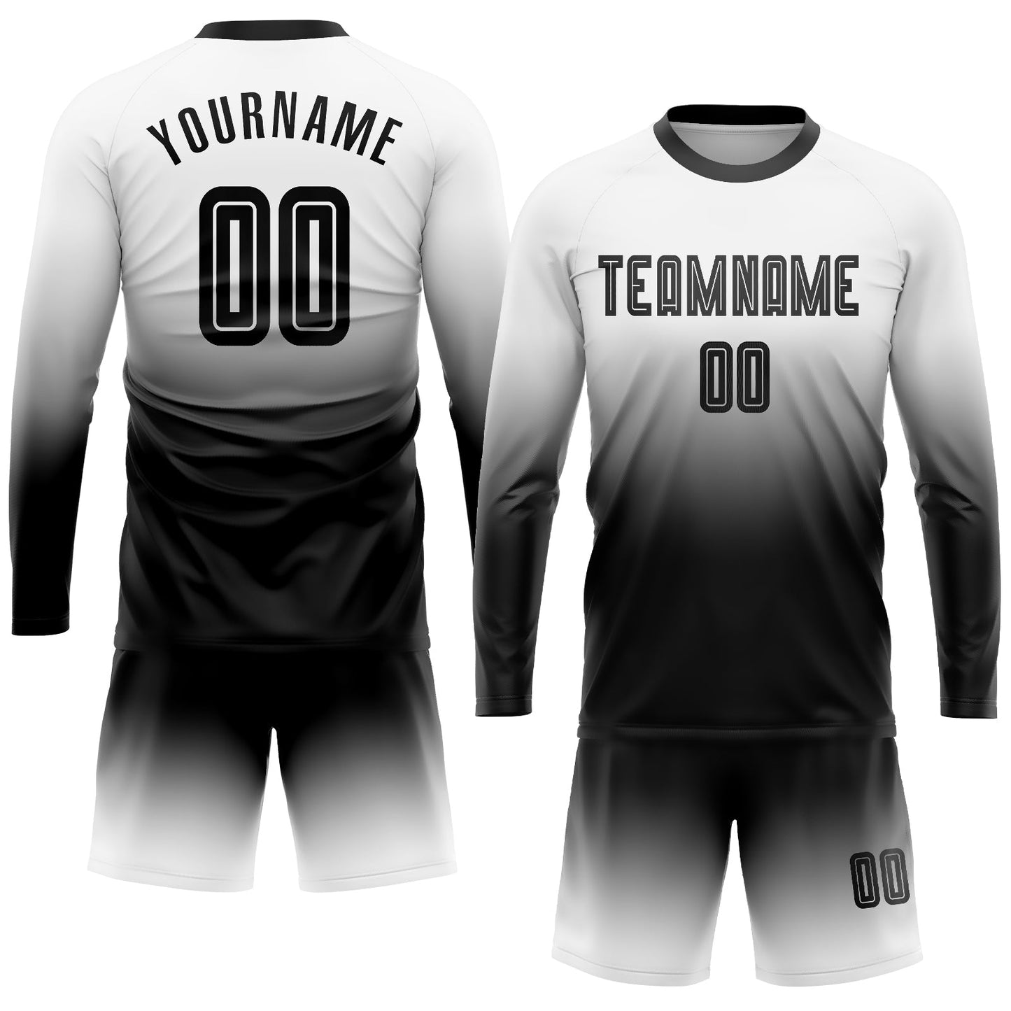 Custom White Black Sublimation Long Sleeve Fade Fashion Soccer Uniform Jersey view 2