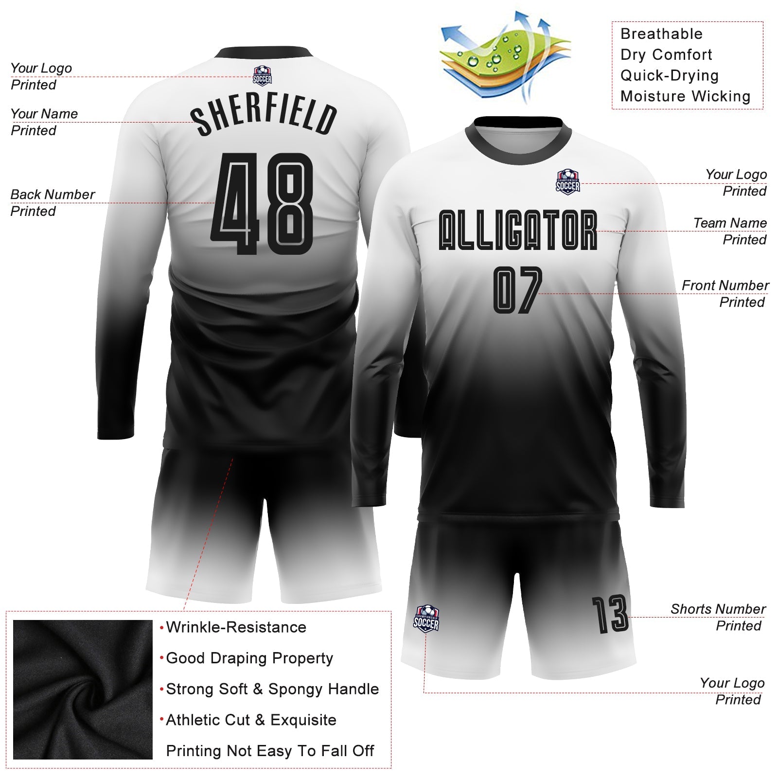 Custom White Black Sublimation Long Sleeve Fade Fashion Soccer Uniform Jersey view 3