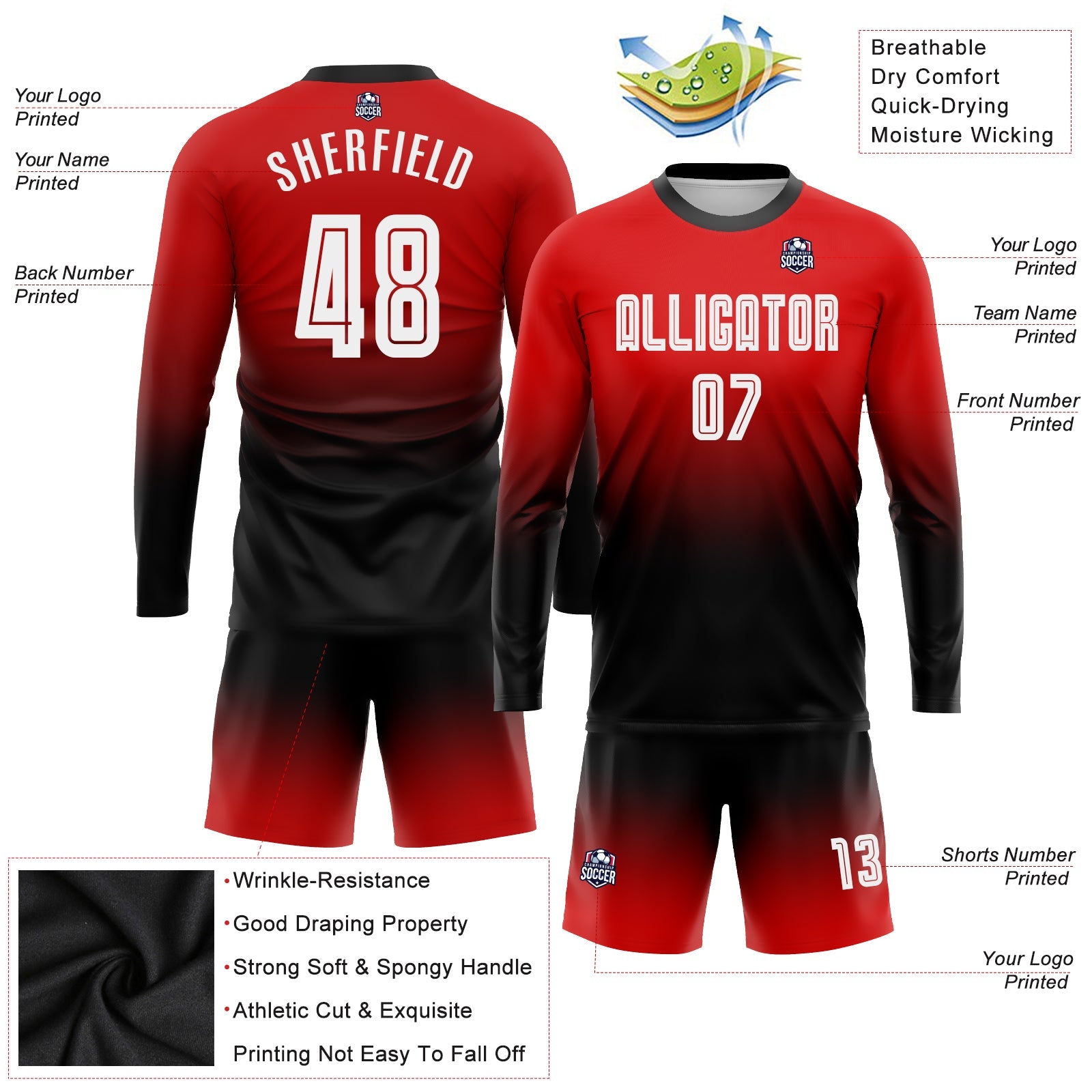 Custom Red White-Black Sublimation Long Sleeve Fade Fashion Soccer Uniform Jersey view 3