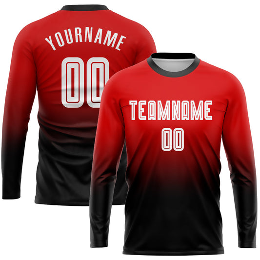 Custom Red White-Black Sublimation Long Sleeve Fade Fashion Soccer Uniform Jersey - Main View