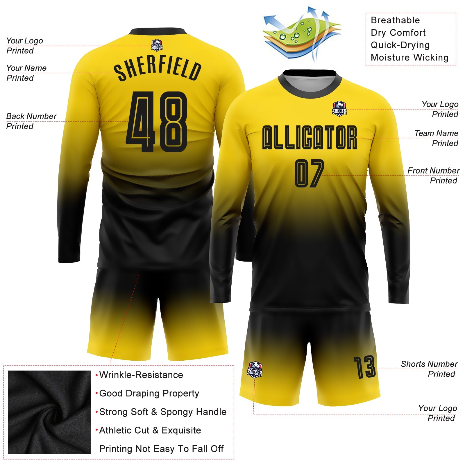 Custom Gold Black Sublimation Long Sleeve Fade Fashion Soccer Uniform Jersey view 3