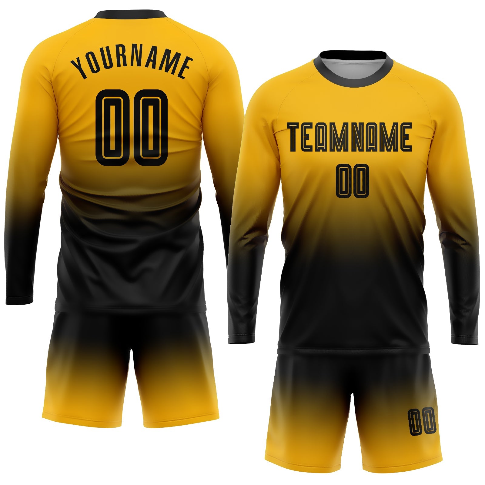 Custom Gold Black Sublimation Long Sleeve Fade Fashion Soccer Uniform Jersey view 2