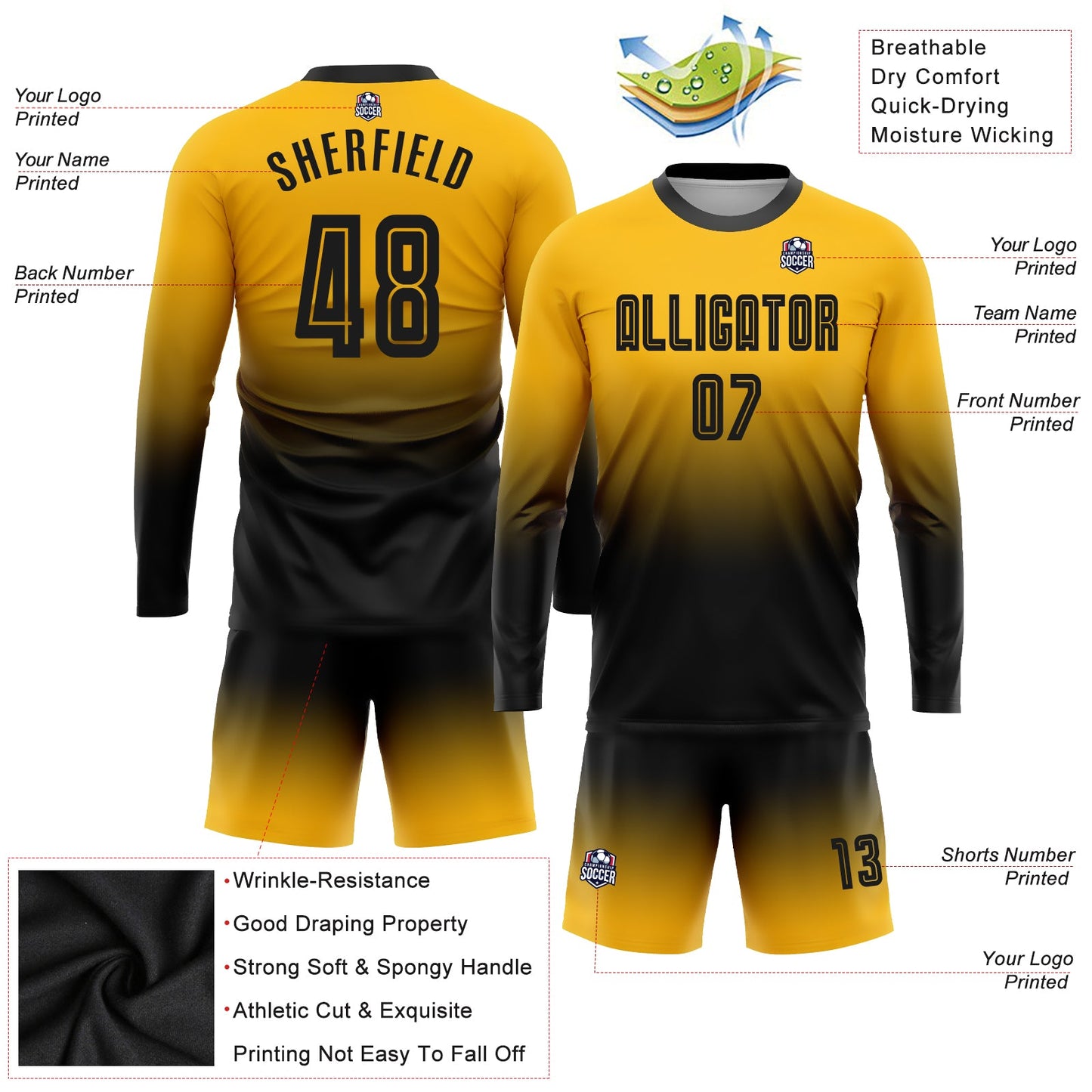 Custom Gold Black Sublimation Long Sleeve Fade Fashion Soccer Uniform Jersey view 3