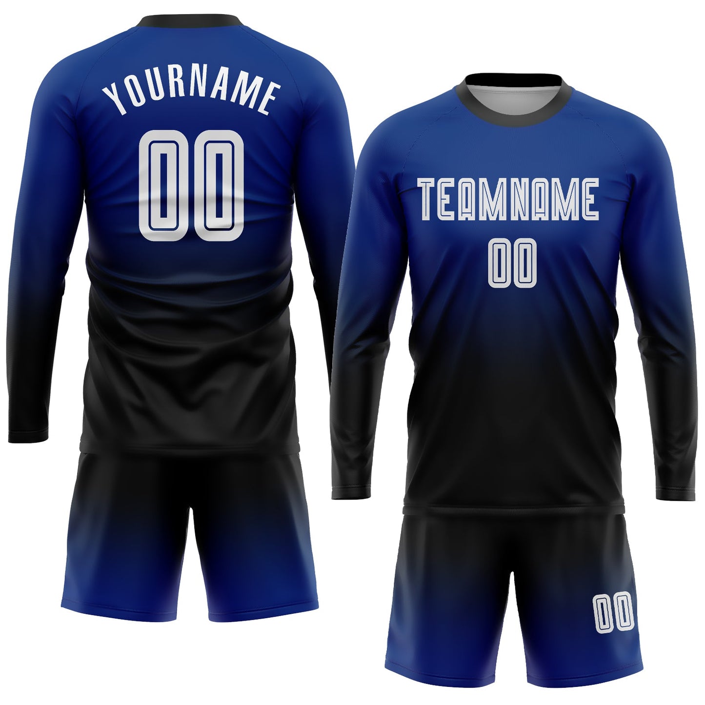 Custom Royal White-Black Sublimation Long Sleeve Fade Fashion Soccer Uniform Jersey view 2