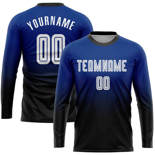 Custom Royal White-Black Sublimation Long Sleeve Fade Fashion Soccer Uniform Jersey - Main View