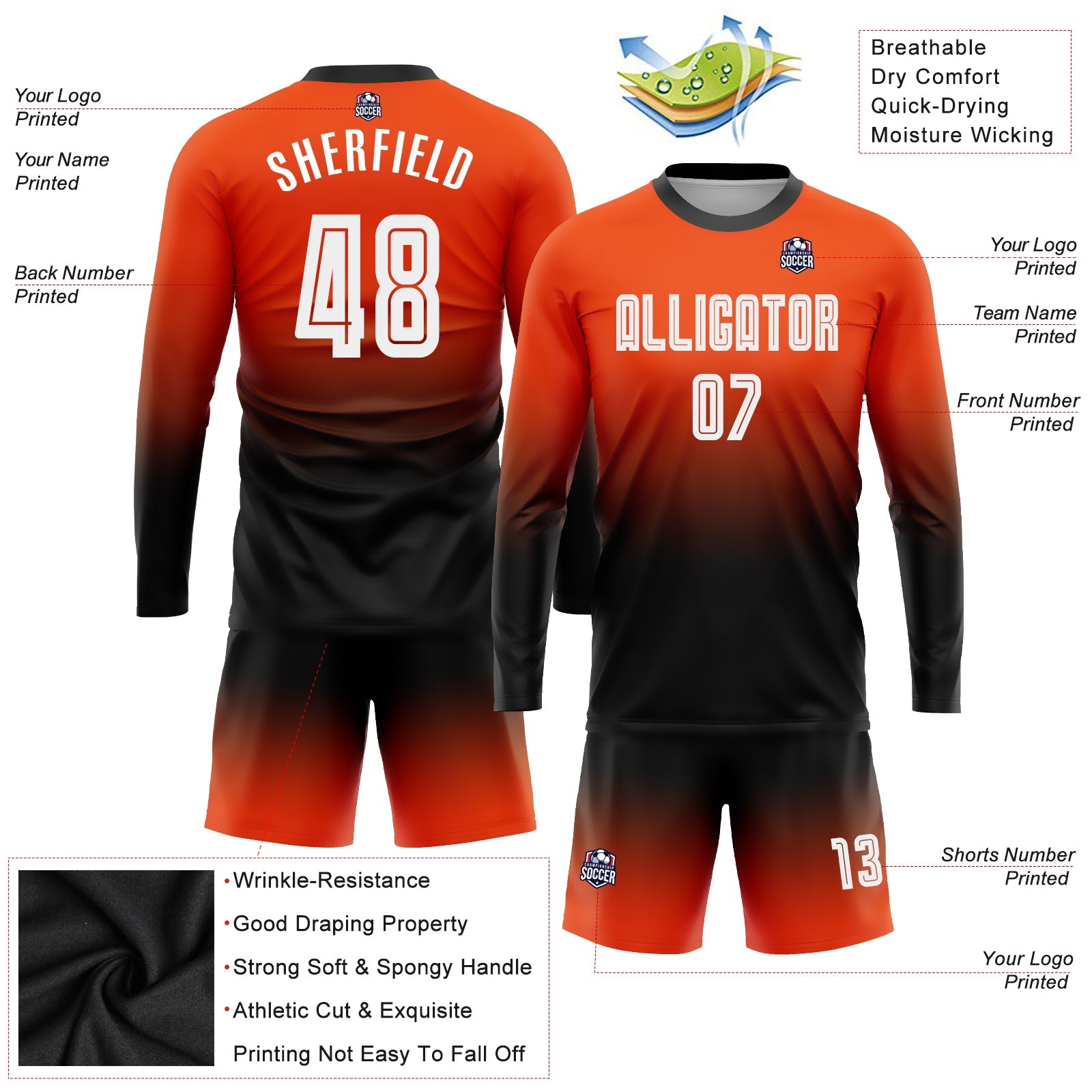 Custom Orange White-Black Sublimation Long Sleeve Fade Fashion Soccer Uniform Jersey view 3