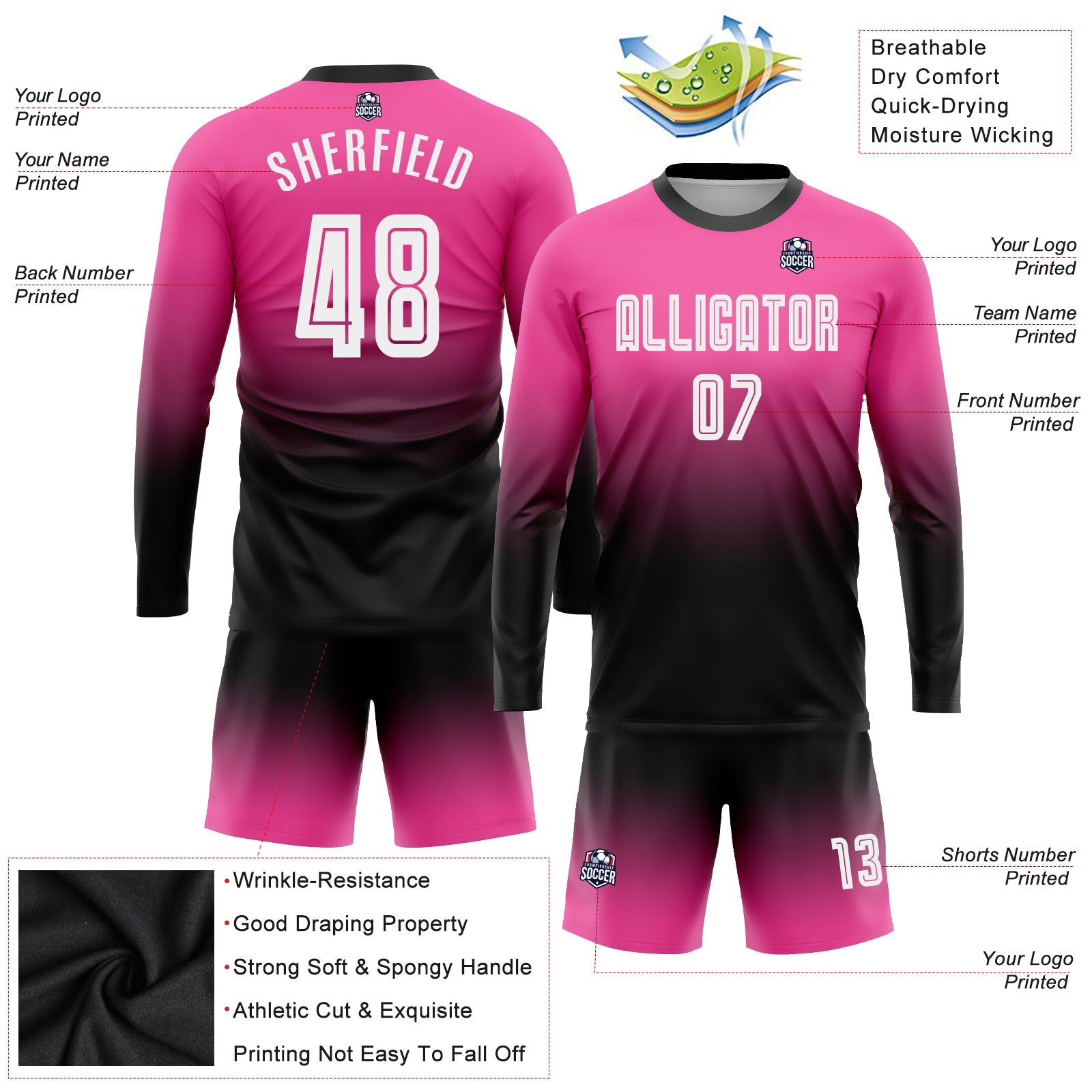 Custom Pink White-Black Sublimation Long Sleeve Fade Fashion Soccer Uniform Jersey view 3