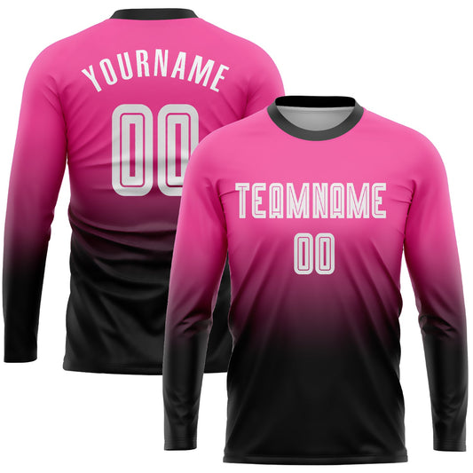 Custom Pink White-Black Sublimation Long Sleeve Fade Fashion Soccer Uniform Jersey - Main View