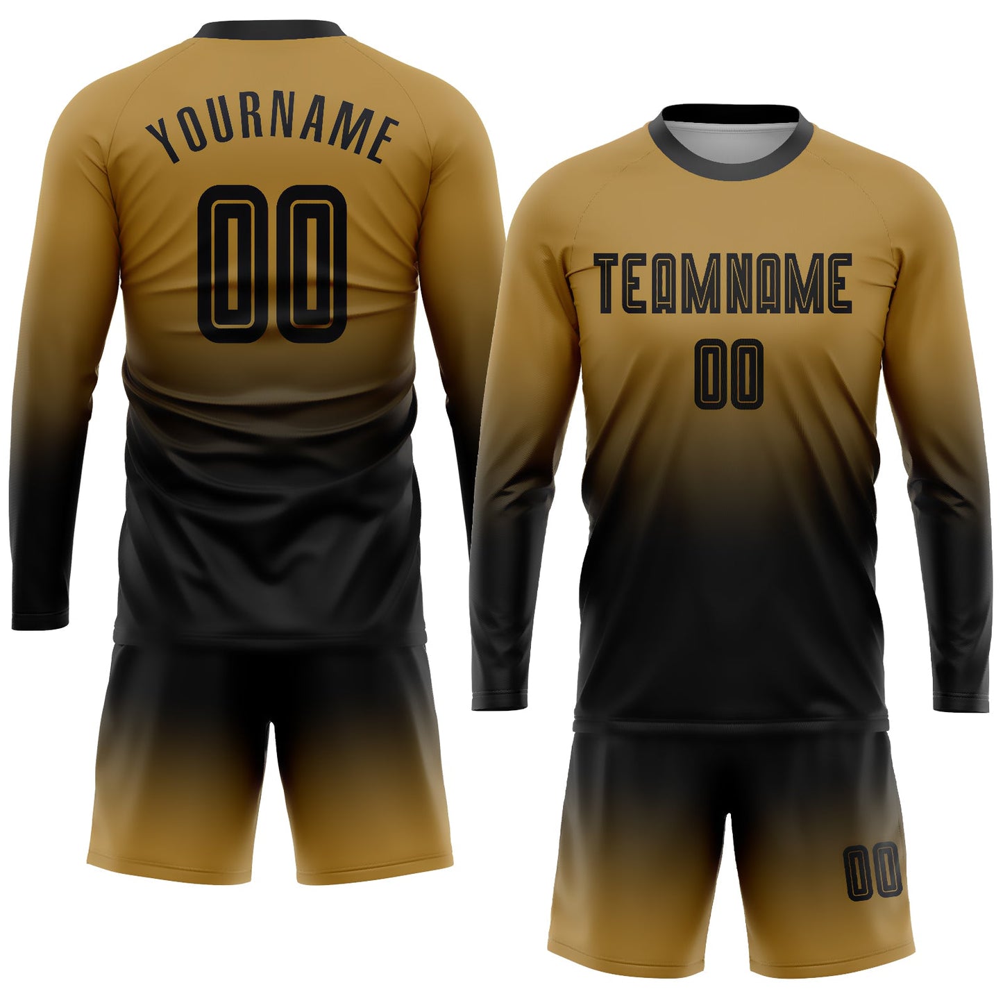Custom Old Gold Black Sublimation Long Sleeve Fade Fashion Soccer Uniform Jersey view 2