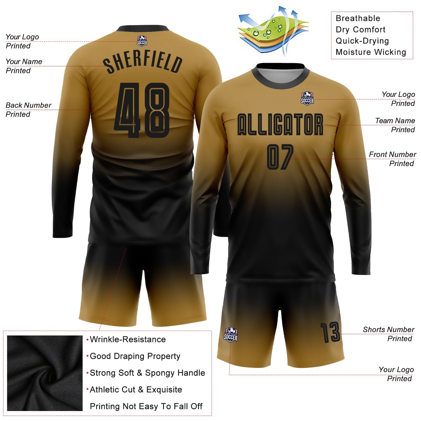 Custom Old Gold Black Sublimation Long Sleeve Fade Fashion Soccer Uniform Jersey view 3