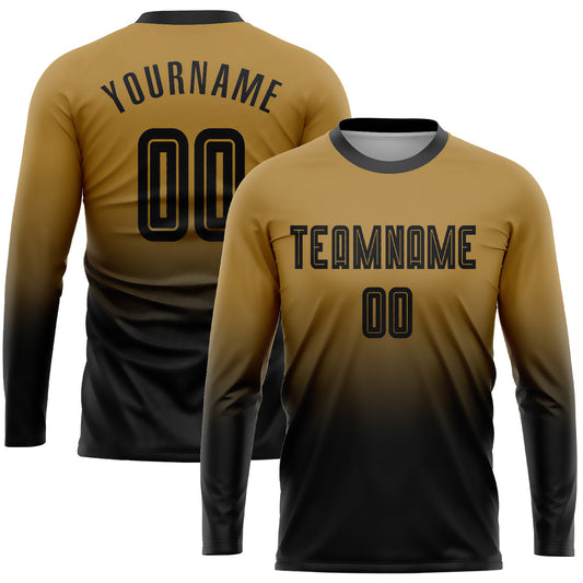 Custom Old Gold Black Sublimation Long Sleeve Fade Fashion Soccer Uniform Jersey - Main View