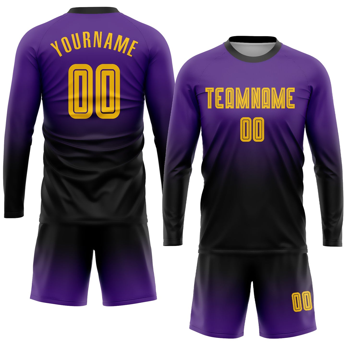 Custom Purple Gold-Black Sublimation Long Sleeve Fade Fashion Soccer Uniform Jersey view 2
